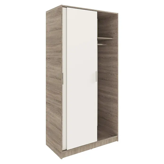 Meka Block Armario de puertas correderas K-511 - L x An x Al: 50 x 100 x 200 cm, Blanco Liso/Roble Cortez - Armario marrón efecto madera con dos puertas correderas blancas, mostrando estantes y barra de colgar a la derecha.