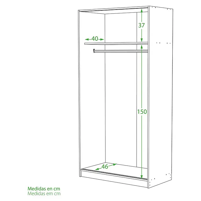 Meka Block Armario de puertas correderas K-511 - L x An x Al: 50 x 100 x 200 cm, Blanco Liso/Roble Cortez - Interior de armario abierto con barra y estantes, profundidades de 40cm, 46cm y alturas de 37cm, 150cm.
