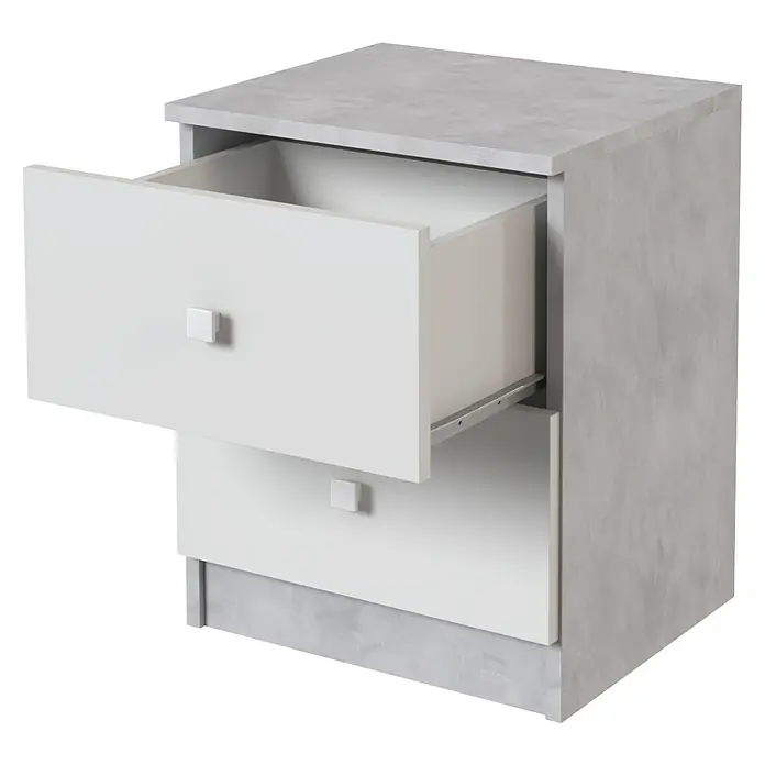 Meka Block Cómoda con mesitas de noche K-63 - 3 pzs., Cemento Grey/Blanco Liso - Mesita de noche moderna gris con aspecto de hormigón y dos cajones blancos, el superior abierto.