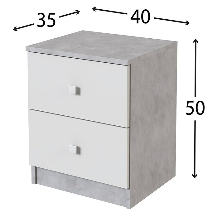 Meka Block Mesita de noche K-635 (L x An x Al: 35 x 40,2 x 49,6 cm, Cemento Grey/Blanco Liso, Número de cajones: 2 ud.) | BAUHAUS