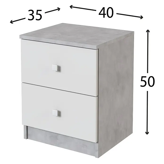 Meka Block Cómoda con mesitas de noche K-63 - 3 pzs., Cemento Grey/Blanco Liso - Mesita de noche compacta con dos cajones blancos y acabado gris efecto hormigón. Medidas: 40x35x50 cm (AnxProfxAl).