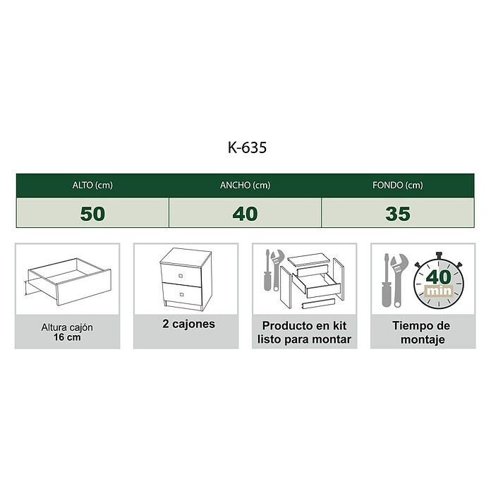 Meka Block Mesita de noche K-635 (L x An x Al: 35 x 40,2 x 49,6 cm, Cemento Grey/Blanco Liso, Número de cajones: 2 ud.) | BAUHAUS