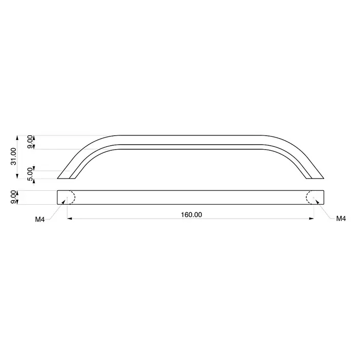 Rei Möbelgriff - Lochabstand: 160 mm, Aluminium, Aluminium, Eckig - Technische Zeichnung eines gebogenen Metallgriffs (160x31mm) mit M4-Befestigung.