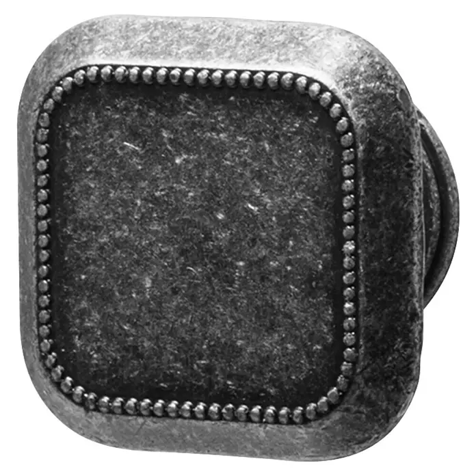 Rei Möbelknopf - Durchmesser: 30 mm, Zinn, L x H: 30 x 22 mm - Quadratischer Möbelknauf mit abgerundeten Ecken und Perlenrand, in dunklem Antikmetall-Finish.