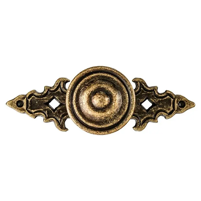 Rei Möbelgriff - L x B x H: 85 x 30 x 26 mm, Antikes Messing - Antiker Messing-Möbelgriff mit zentralem Rundknopf und verzierten, symmetrischen Seitenhalterungen.