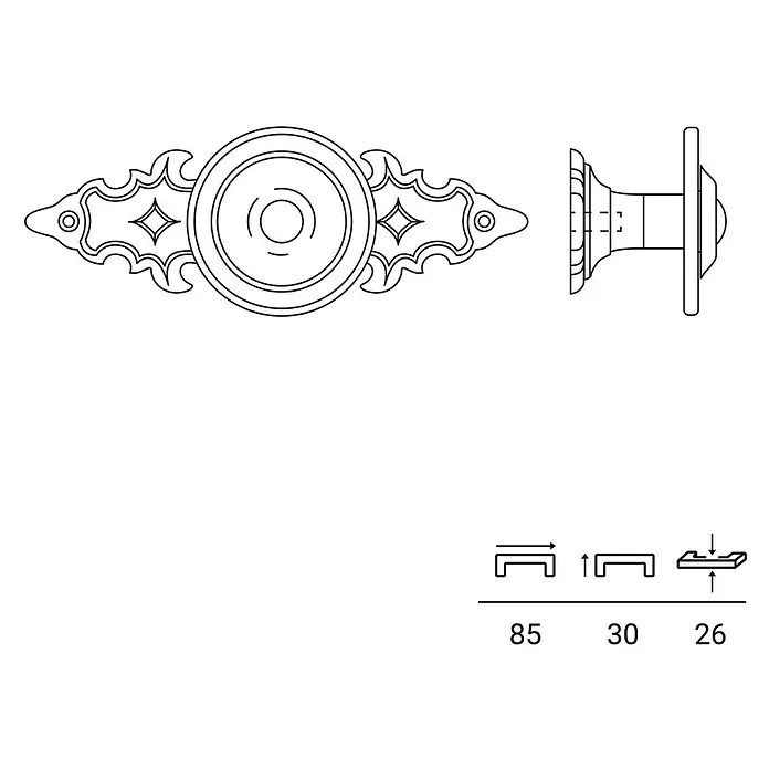 Rei Möbelgriff - L x B x H: 85 x 30 x 26 mm, Antikes Messing - Technische Zeichnung eines verzierten Möbelgriffs mit Zierplatte und rundem Knauf, mit Abmessungen 85x30x26.