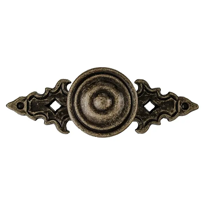 Rei Tirador para muebles - L x An x Al: 85 x 30 x 26 mm, Cuero viejo - Rosetón de bronce antiguo ornamentado con un elemento central redondo y lados simétricos decorativos.
