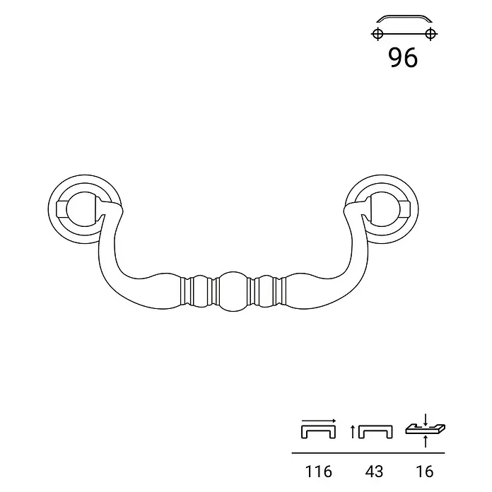 Rei Möbelgriff - L x B x H: 116 x 43 x 16 mm, Lochabstand: 96 mm, Antikes Messing - Technische Zeichnung eines Bügelgriffs, mit 96 mm Lochabstand und Gesamtmaßen.