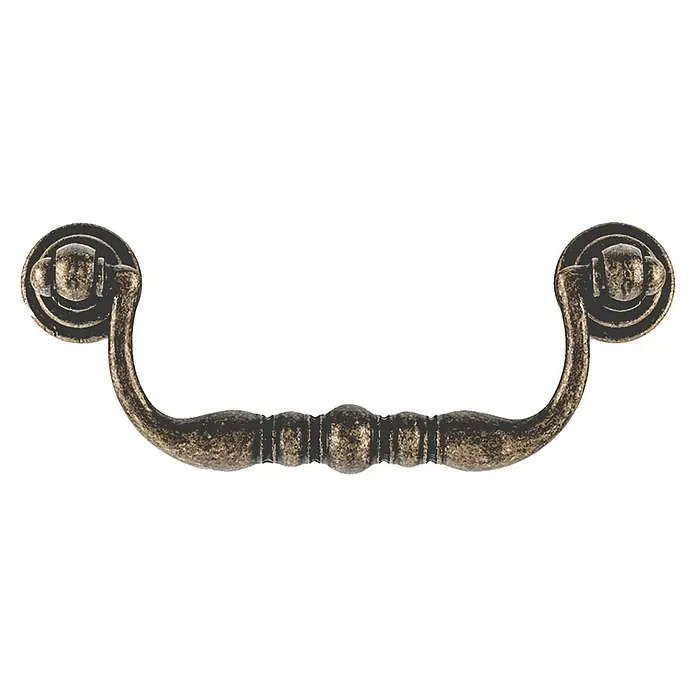 Rei Möbelgriff - L x B x H: 116 x 43 x 16 mm, Lochabstand: 96 mm, Antikes Messing - Antiker Bronzegriff für Schränke mit zwei runden Befestigungen und gebogenem Zug.