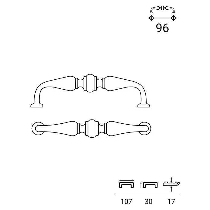 Rei Möbelgriff - Lochabstand: 96 mm, Sonstige, Antikes Messing, L x B x H: 107 x 17 x 30 mm - Dekorativer klassischer Möbelgriff. Strichzeichnung zeigt Vorder- und Draufsicht mit Maßen: 96mm Lochabstand, 107mm Länge, 30mm Ausladung, 17mm Höhe.