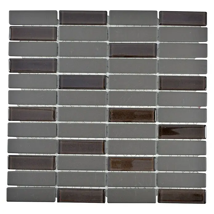 Mosaikfliese Stäbchen Mix CU ST G111 - 29,7 x 29 cm, Braun, Matt - Hochformatiges Bild einer quadratischen Mosaikfliese in Grau- und Brauntönen, die auf einem weißen Netz befestigt ist.