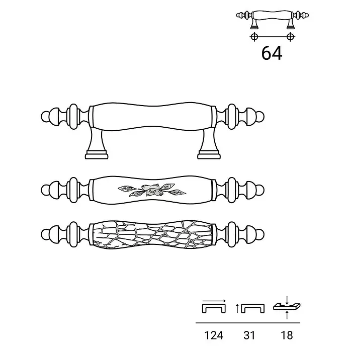 Rei Möbelgriff - Lochabstand: 64 mm, Porzellan, Antikes Messing, L x B x H: 124 x 18 x 31 mm - Möbelgriffe: Drei Designs (glatt, floral, strukturiert). Technische Zeichnung mit 64mm Lochabstand, 124mm Länge, 31mm Höhe, 18mm Ausladung.