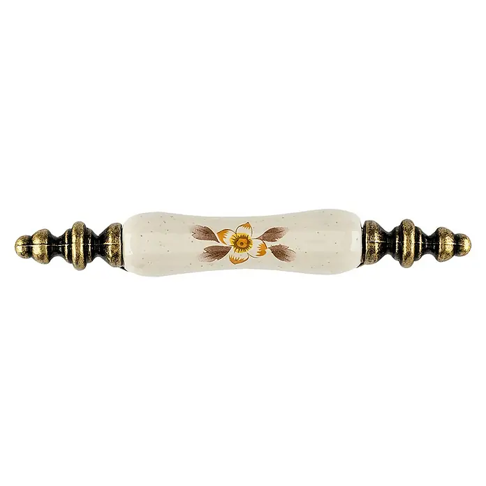 Rei Möbelgriff - Lochabstand: 64 mm, Porzellan, Antikes Messing, L x B x H: 124 x 18 x 31 mm - Weißer Keramik-Schubladengriff mit Blumendekor und verzierten Messingenden.
