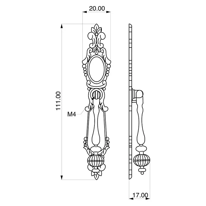 Rei Möbelgriff - Lochabstand: 96 mm, L x B x H: 20 x 111 x 19 mm, Antikes Messing - Technische Zeichnung eines verzierten Griffs, 111mm lang, 20mm breit, 17mm tief, mit M4-Gewinde.