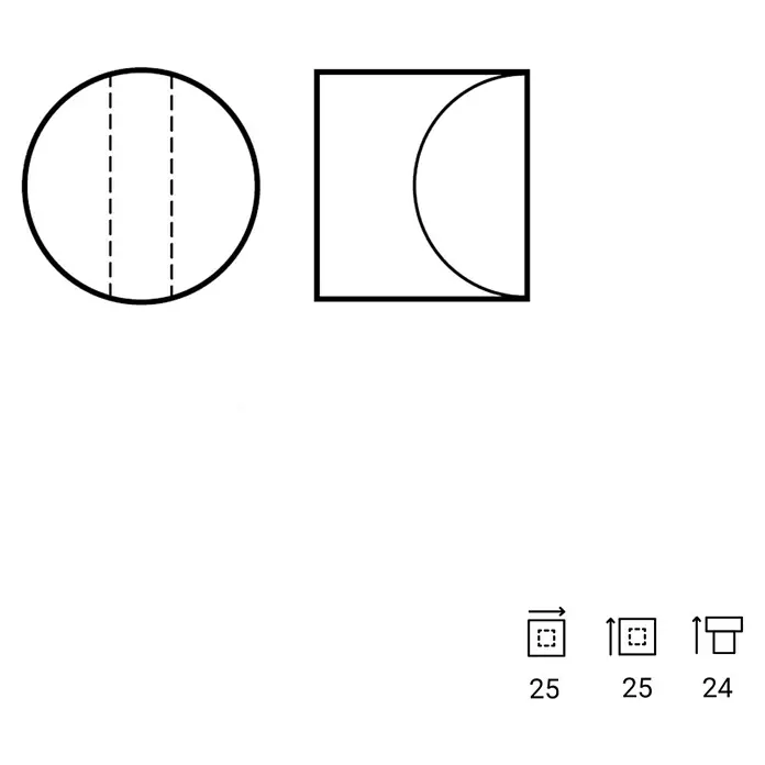 Rei Möbelgriff - Lochabstand: 192 mm, Sonstige, Gold - Geometrische Formen und UI-Symbole. Kreis mit gestrichelten Linien, Quadrat mit Viertelkreis. Symbole für Objektbewegung und -ausrichtung mit den Werten 25, 25, 24.