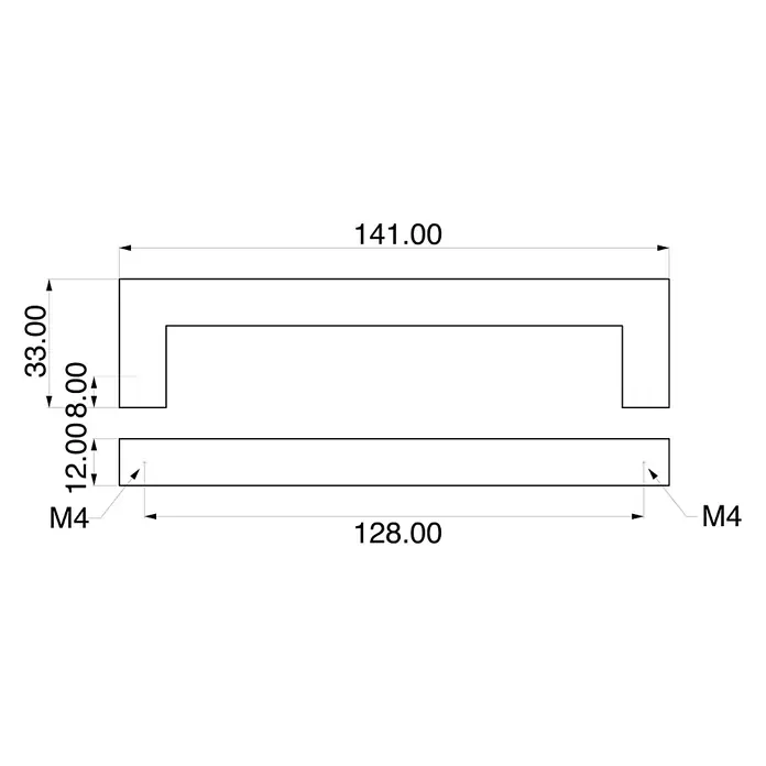 Rei Möbelgriff - L x B x H: 140 x 12 x 35 mm, Lochabstand: 128 mm, Stahl, Schwarz, 2 Stk. - Technische Zeichnung einer U-förmigen Griffhalterung mit Maßen und M4-Befestigungslöchern.