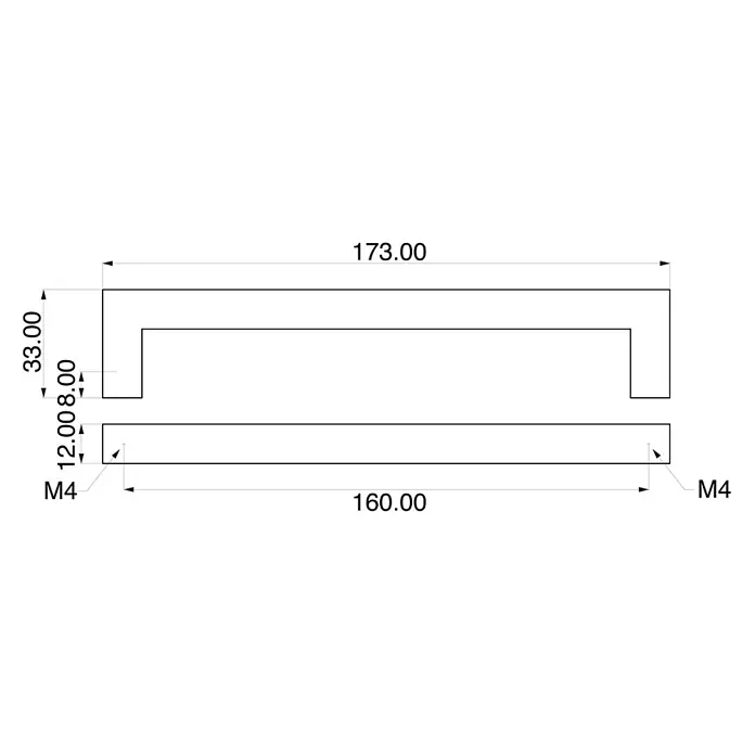 Rei Möbelgriff - L x B x H: 171 x 12 x 33 mm, Lochabstand: 160 mm, Stahl, Schwarz - Technische Zeichnung eines U-Griffs, 173mm lang, 33mm hoch, mit 160mm Lochabstand und M4-Gewinden.