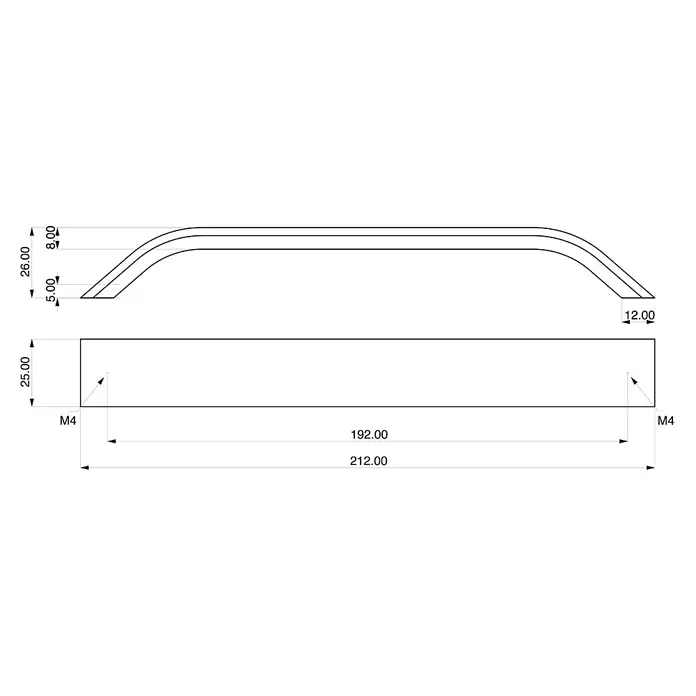 Rei Möbelgriff - Lochabstand: 192 mm, Aluminium, Schwarz, Gebogen - Gebogener Griff, 212mm Gesamtlänge, mit M4 Befestigungslöchern.