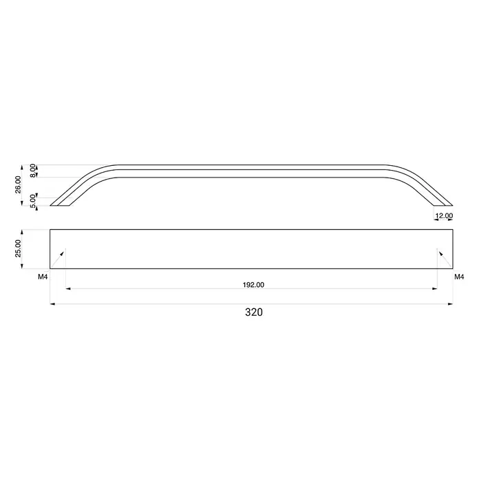 Rei Möbelgriff - Lochabstand: 320 mm, Aluminium, Schwarz, Gebogen - Technische Zeichnung eines gebogenen Metallgriffs, 320mm lang, mit M4-Befestigungsschrauben im Abstand von 192mm für Möbel.