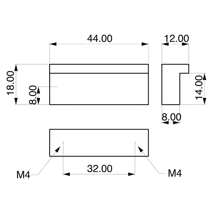 Rei Möbelgriff - Lochabstand: 32 mm, Aluminium, Chrom, Industrie, L x B x H: 44 x 11 x 17 mm - Technische Zeichnung eines gestuften Rechteckteils mit zwei M4-Gewindebohrungen, Maße enthalten.