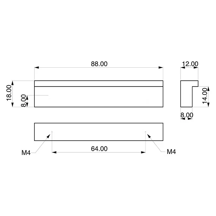 Rei Möbelgriff - Lochabstand: 32 mm, Aluminium, Schwarz, Industrie, L x B x H: 88 x 12 x 17 mm - Technische Zeichnung einer Stufenprofilschiene, 88x18x12mm, mit zwei M4 Gewindebohrungen im Abstand von 64mm.