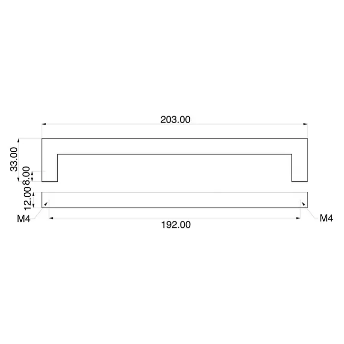Rei Möbelgriff - L x B x H: 205 x 12 x 32 mm, Lochabstand: 192 mm, Stahl, Edelstahl - Technische Zeichnung eines U-förmigen Griffbügels mit Gesamtmaßen 203x33mm und M4-Befestigungsschrauben im Abstand von 192mm.