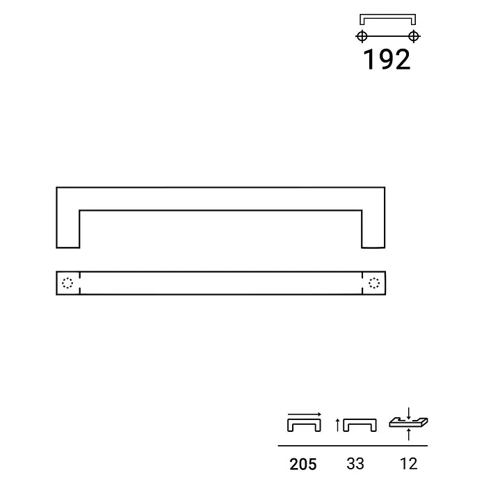 Rei Möbelgriff - L x B x H: 205 x 12 x 32 mm, Lochabstand: 192 mm, Stahl, Nickel - Technische Zeichnung eines Möbelgriffs. Gesamtlänge 205mm, Höhe 33mm, Tiefe 12mm, Lochabstand 192mm.