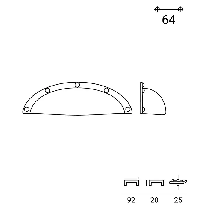 Rei Möbelgriff - Lochabstand: 64 mm, Sonstige, Zinn - Technische Zeichnung eines halbkreisförmigen Muschelgriffs. Maße: 92mm Länge, 20mm Höhe, 25mm Tiefe, mit 64mm Lochabstand.
