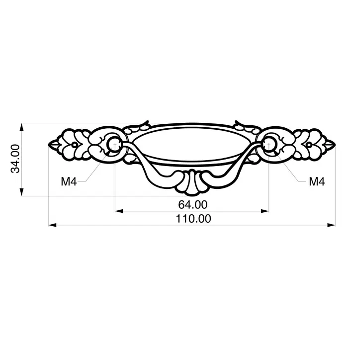 Rei Möbelgriff - Lochabstand: 96 mm, L x B x H: 110 x 32 x 17 mm, Antikes Messing - Verzierter Schrankgriff, 110mm Gesamtlänge, 64mm Schraubenabstand, für M4-Schrauben.