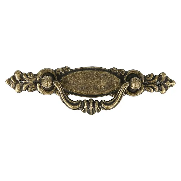 Rei Möbelgriff - Lochabstand: 96 mm, L x B x H: 110 x 32 x 17 mm, Antikes Messing - Verzierter antiker bronzener Schubladengriff mit ovaler Rückplatte.