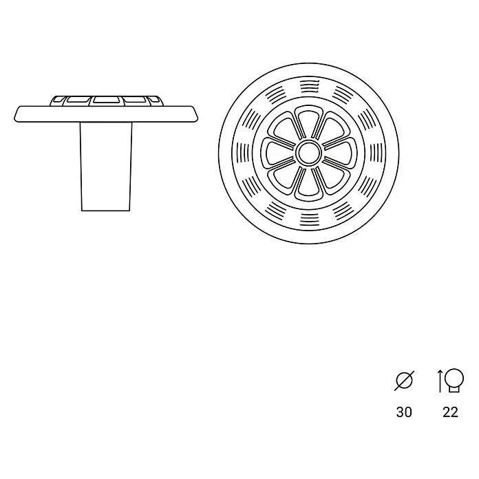 Rei Möbelknopf - Ø x H: 30 x 18 mm, Messing - Technische Zeichnung eines runden Abflussstopfens, Ø 30 mm, Höhe 22 mm, mit gemusterter Oberseite.