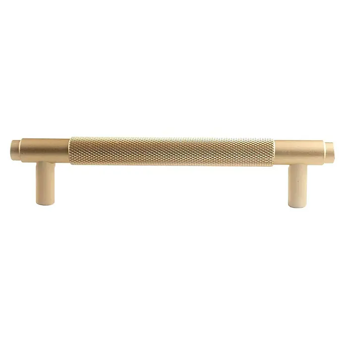 Rei Möbelgriff - Lochabstand: 128 mm, Aluminium, Gold, Trend - Gebürsteter Messing-Riffelgriff mit zwei Stützen.