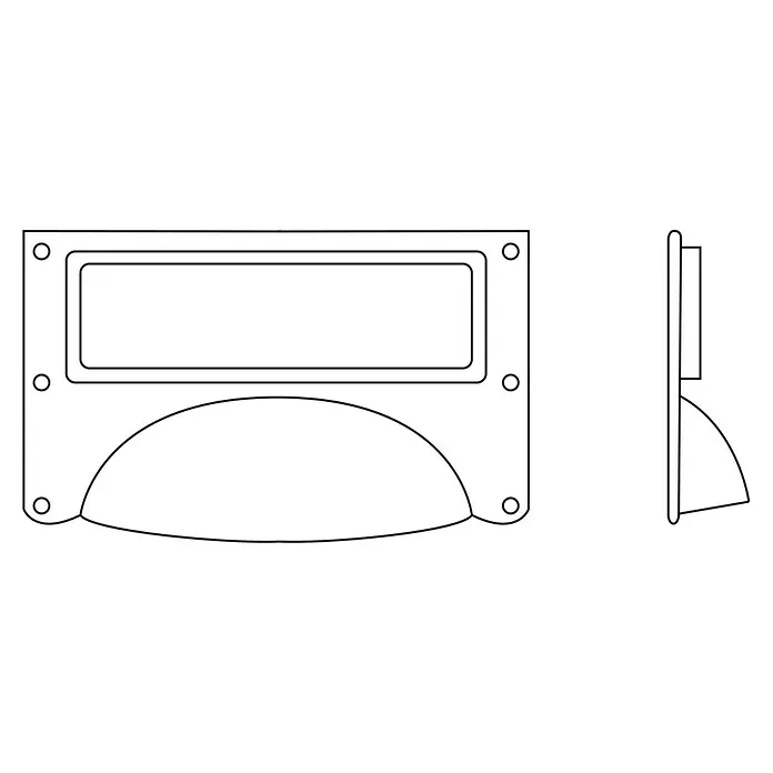 Rei Möbelgriff - Lochabstand: 80 mm, Stahl, Antikes Messing - Schalengriff mit integriertem Etikettenhalter, Front- und Seitenansicht mit vier Befestigungslöchern.
