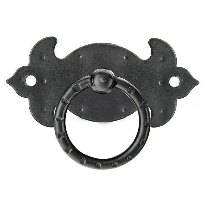 Rei Möbelgriff - Lochabstand: 68 mm, Stahl, Schwarz, L x B x H: 68 x 46 x 14 mm - Schwarzer, rustikaler Metall-Ringgriff mit Zierplatte für Möbel.
