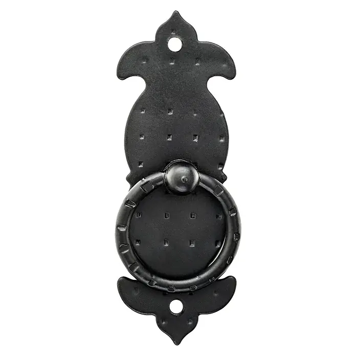 Rei Möbelgriff - Lochabstand: 98 mm, Stahl, Schwarz, L x B x H: 37 x 98 x 14 mm - Schwarzer, verzierter Türklopfer aus Gusseisen mit dekorativer Rückenplatte und beweglichem Ring.