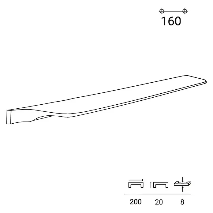 Rei Möbelgriff - Lochabstand: 160 mm, Aluminium, Weiß - Strichzeichnung eines schlanken, gebogenen Möbelgriffs mit C-Profil. Maße 200x20x8 mm und 160 mm Bohrlochabstand sind angegeben.