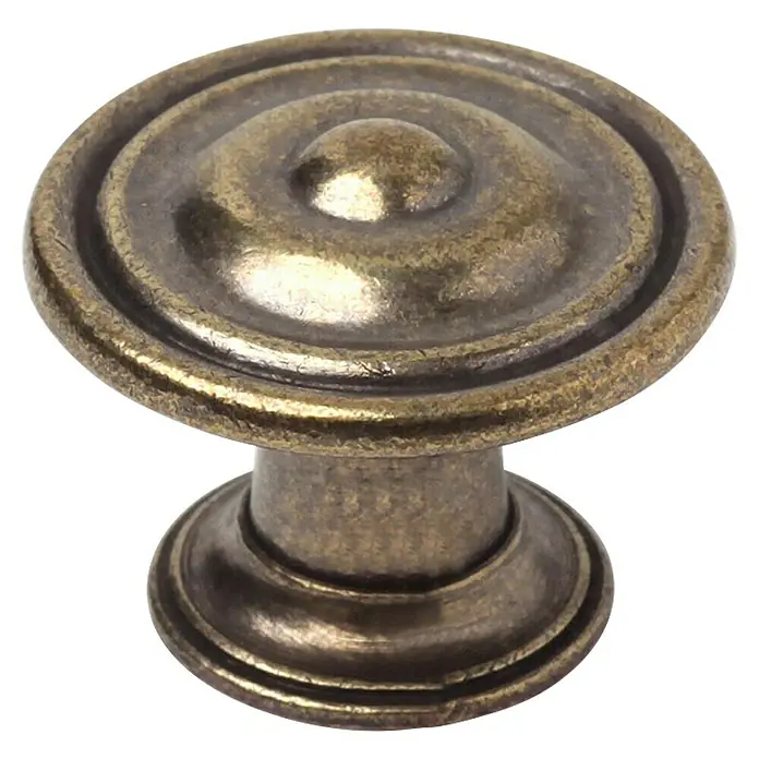 Rei Pomo para muebles - Ø x Al: 30 x 23 mm, Cuero viejo - Pomo redondo de latón antiguo para muebles con diseño de anillos concéntricos.