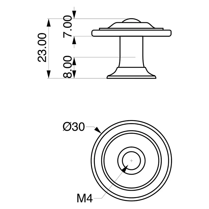 Rei Möbelknopf - Ø x H: 30 x 23 mm, Antikes Messing - Flanschknopf, Ø30mm, 23mm hoch, mit M4-Gewinde. Mit dekorativer Ober- und Unterseite.