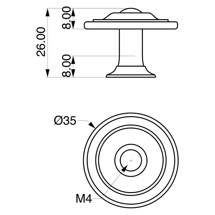 Rei Möbelknopf - Ø x H: 35 x 26 mm, Schwarz - Technische Zeichnung eines runden Griffs mit M4-Gewinde, Ø35mm Durchmesser und 26mm Höhe.