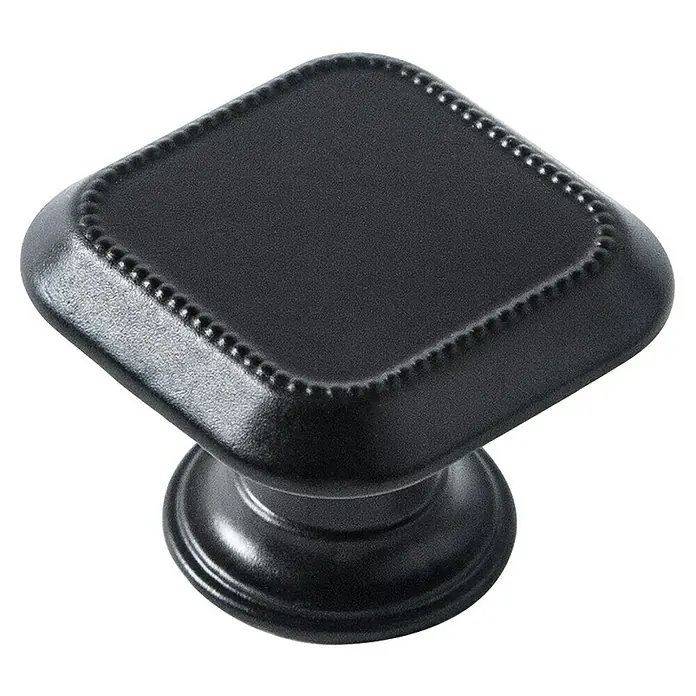 Rei Möbelknopf - Durchmesser: 30 mm, Schwarz, L x H: 30 x 22 mm - Schwarzer quadratischer Möbelknauf mit strukturierter Oberfläche und Perlenrand auf rundem Sockel.