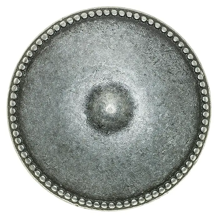 Rei Möbelknopf - Durchmesser: 30 mm, Zinn, L x H: 30 x 24 mm - Runde, gealterte silberne Metallscheibe mit zentraler Kuppel und Perlenrand.