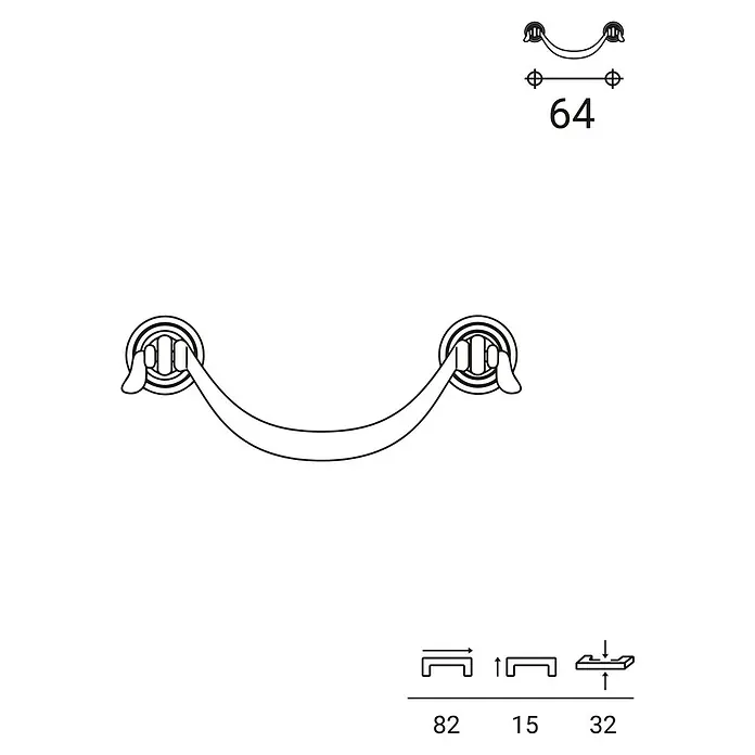Rei Möbelgriff - Lochabstand: 64 mm, Sonstige, Antikes Messing, L x B x H: 82 x 32 x 15 mm - Geschwungener Schubladengriff mit runden Sockeln und Maßen: 64mm Lochabstand, 82mm Länge, 15mm Überstand, 32mm Breite.