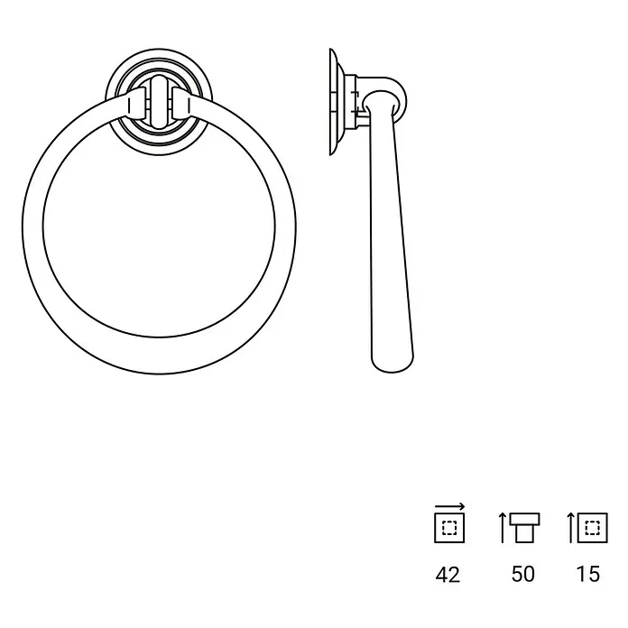 Rei Möbelgriff - Durchmesser: 32 mm, Antikes Messing - Strichzeichnung eines Handtuchrings aus Metall in Vorder- und Seitenansicht, mit angezeigten Maßen für Breite, Höhe und Ausladung.