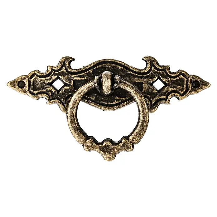 Rei Möbelgriff - Lochabstand: 80 mm, Sonstige, Antikes Messing - Antiker bronzener, verzierter Ring-Schubladengriff mit dekorativer Platte.