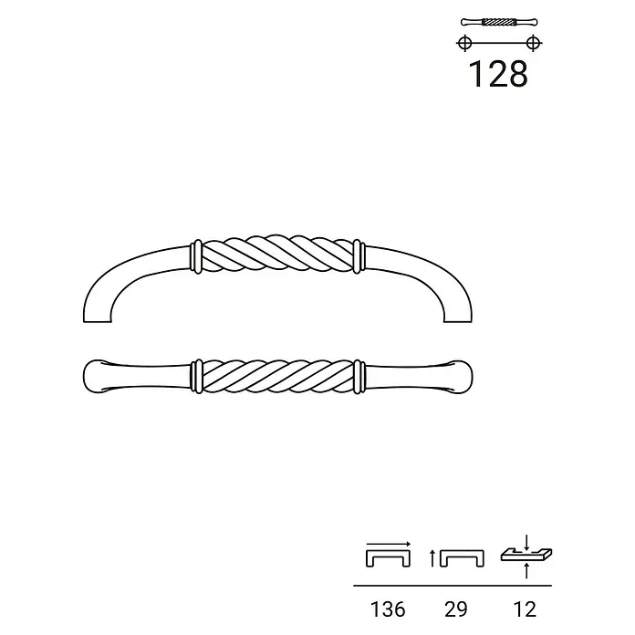 Rei Möbelgriff Braided - Lochabstand: 128 mm, Sonstige, Schwarz, Gebogen - Technische Zeichnung eines gedrehten Schrankgriffs, zeigt Draufsicht und Seitenansicht mit Lochabstand 128mm und Gesamtmaßen.