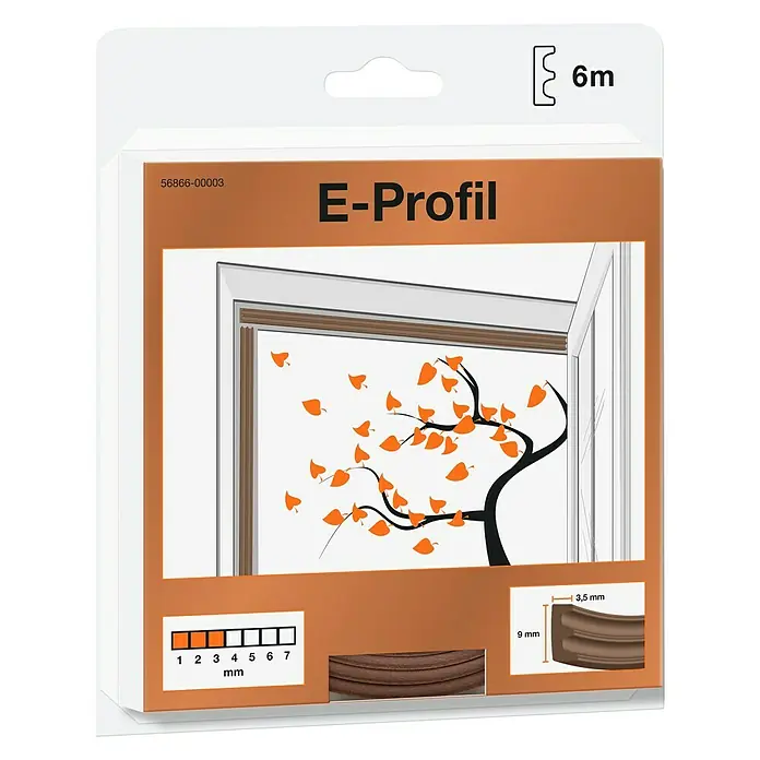 Burlete de gomaespuma Perfil E - Marrón, 6 m x 9 mm x 3,5 mm, Puertas - Imagen del sello E-Profil, de 6 m de largo, con unas dimensiones de 3,5 mm y 9 mm. Ideal para sellar ventanas y puertas.