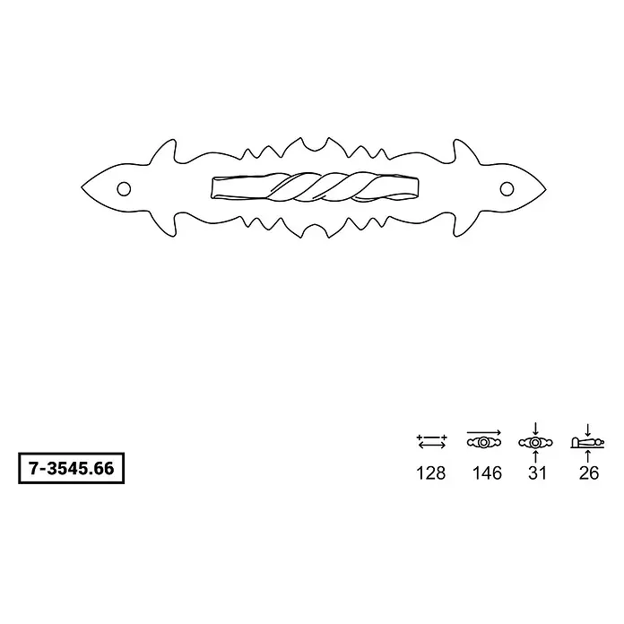 Rei Möbelgriff - Lochabstand: 146 mm, Stahl, Schwarz - Ornamentaler Metallbeschlag mit gedrehtem Mittelteil und spitz zulaufenden, stilisierten Enden für Zierbeschläge.