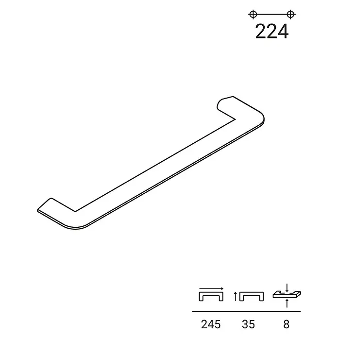 Rei Möbelgriff - Lochabstand: 224 mm, Sonstige, Stahl - Technische Zeichnung eines modernen, L-förmigen Griffs. Hauptabmessungen: Bohrlochabstand 224mm, Gesamtlänge 245mm, Ausladung 35mm, Höhe 8mm.