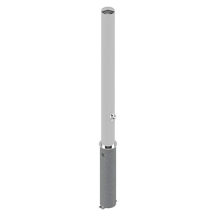 Schake Sperrpfosten - Ø x H: 76 x 1.300 mm, Edelstahl, Einbetonieren, Silber, Dreikantverriegelung - Freistehende Außendusche mit grauem Betonsockel und Wasserhahn. Die Dusche ist schlicht und modern gestaltet.
