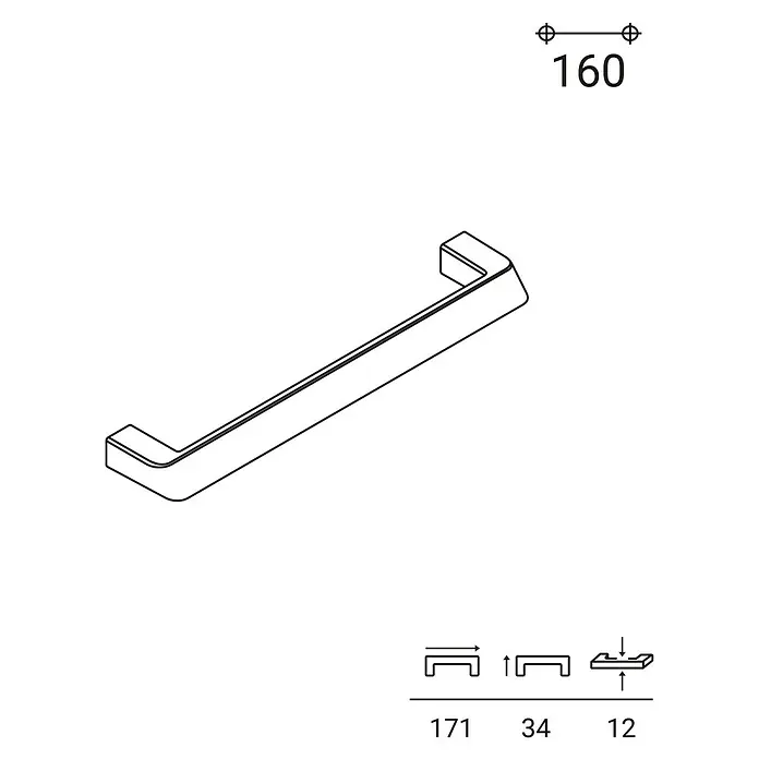Rei Möbelgriff - Lochabstand: 160 mm, Sonstige, Schwarz, L x B x H: 171 x 12 x 34 mm - Strichzeichnung eines modernen Möbelgriffs, 160mm Lochabstand, mit Gesamtabmessungen.